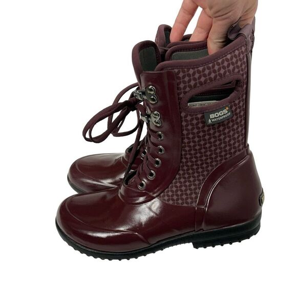 BOGS Maroon Glossy Neo Tech Sidney Cravat Laceup Waterproof Rubber Combat Boots - Picture 1 of 16
